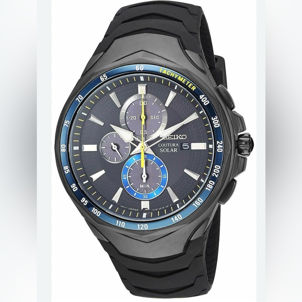 Seiko Men's Black and Blue Coutura Solar Chronograph Watch